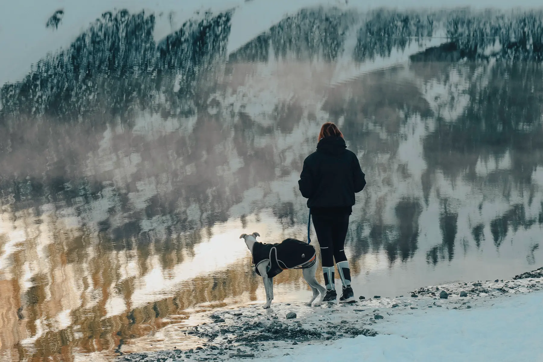 Femme et son chien face à un lac enneigé